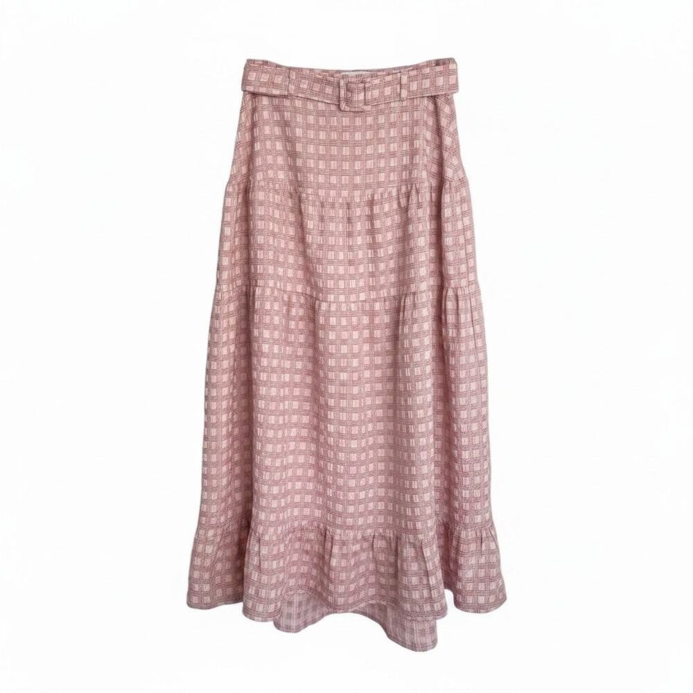 FRNCH Paris Pink Plaid Tiered Midi Skirt Belted Cottagecore Sz M